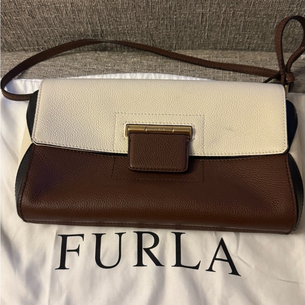 Furla Two-Tone Leather Clutch in Brown and White